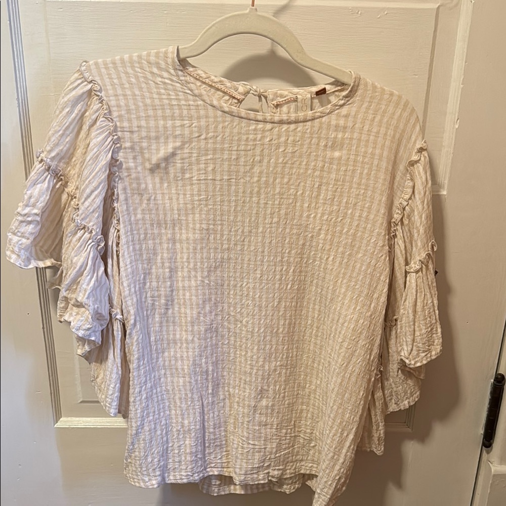 Pilcro Blue and White Ruffled 3/4 Sleeve Blouse